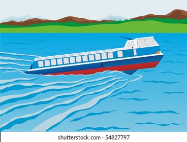 Water landscape. Hydrofoils floating in a river.