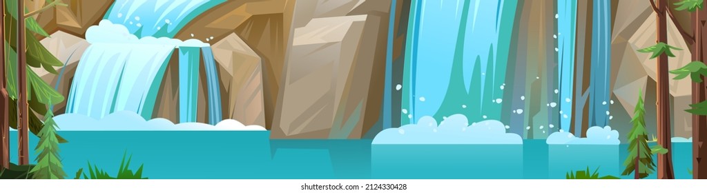 Water landscape with waterfall among rocks. Cascade shimmers downward. Water flowing. Nice cartoon style. Flat design. Vector.