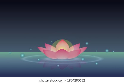 Water lantern in the shape of lotus flower.Lantern floating on the calm water. People release water lanterns during ghost festival. 