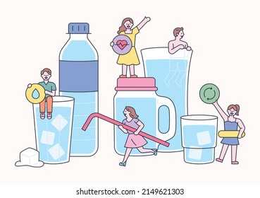 Water in a large cup and bucket of water. Little people greeting with water and health icons. flat design style vector illustration.