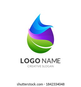 water leaf logo, water and leaf, combination logo with 3d colorful style