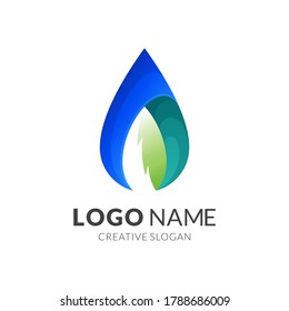 water and leaf logo template, modern 3d logo style in gradient blue and green color