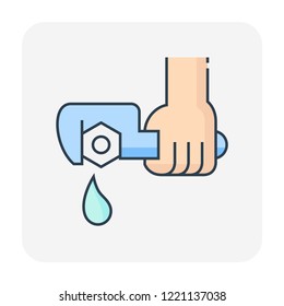 Water leak caused by losing or damage bolt at pipe connector or joint. That is a problem of plumbing system. That repair or maintenance by plumber and wrench tool. Vector illustration design icon.