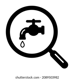 Water leak faucet and magnifying glass icon.