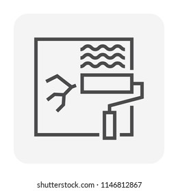 Water leak icon and home repair icon. Wall and floor of basement aged, cracked or damaged result in water leak to repair by primer paint and coating with bituminous waterproof membrane. 64x64 px.