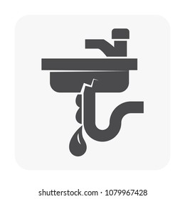 Water Leak Under Sink Drain Or Basin Vector Icon. Include Faucet, Siphon Pipe, Trap. Caused Of Damage, Broken, Clogged. Plumbing Problem In Kitchen, Bathroom For Fix, Repair, Maintenance By Plumber.
