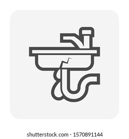Water leak under sink drain or basin vector icon. Include faucet, siphon pipe, trap. Caused of damage, broken, clogged. Plumbing problem in kitchen, bathroom for fix, repair, maintenance by plumber.
