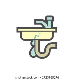 Water leak under sink drain or basin vector icon. Include faucet, siphon pipe, trap. Caused of damage, broken, clogged. Plumbing problem in kitchen, bathroom for fix, repair, maintenance by plumber.
