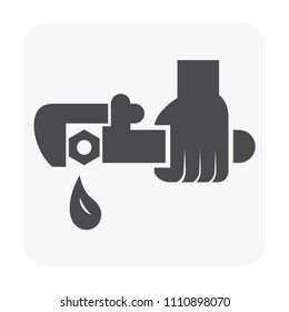 Water leak vector icon. Drip at loose nut, lid, cap, plug or stopper. At end pipe, drain hole of tank. To fix, repair or adjust by lock, torque. Include hand plumber, wrench tool for tight, tightener.