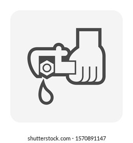 Water leak vector icon. Drip at loose nut, lid, cap, plug or stopper. At end pipe, drain hole of tank. To fix, repair or adjust by lock, torque. Include hand plumber, wrench tool for tight, tightener.