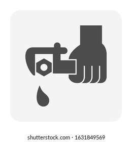 Water leak vector icon. Drip at loose nut, lid, cap, plug or stopper. At end pipe, drain hole of tank. To fix, repair or adjust by lock, torque. Include hand plumber, wrench tool for tight, tightener.