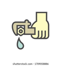 Water leak vector icon. Drip at loose nut, lid, cap, plug or stopper. At end pipe, drain hole of tank. To fix, repair by torque. Include hand plumber, wrench tool for tight, tightener. Editable stroke