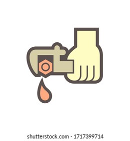 Water leak vector icon. Drip at loose nut, lid, cap, plug or stopper. At end pipe, drain hole of tank. To fix, repair or adjust by lock, torque. Include hand plumber, wrench tool for tight, tightener.