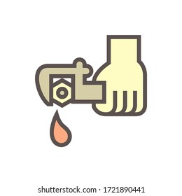 Water leak vector icon. Drip at loose nut, lid, cap, plug or stopper. At end pipe, drain hole of tank. To fix, repair by torque. Include hand plumber, wrench tool for tight, tightener. Editable stroke