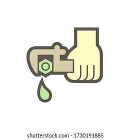 Water leak vector icon. Drip at loose nut, lid, cap, plug or stopper. At end pipe, drain hole of tank. To fix, repair or adjust by lock, torque. Include hand plumber, wrench tool for tight, tightener.