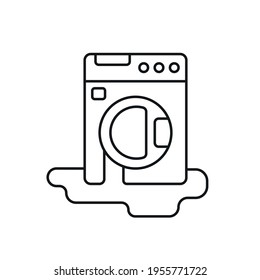 Wasser leckt aus dem linearen Waschmaschinensymbol. Klempnerei. Dünne, anpassbare Illustration. Contour-Symbol. Vektor-einzelne Rahmenzeichnung. Bearbeitbarer Hub