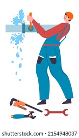 Fugas de agua, arreglo de tuberías rotas, asiduo aislado con herramientas de mantenimiento y reparación. Instalación y renovación del sistema antiguo, servicio profesional de un especialista. Vector de estilo plano