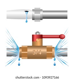 water leakage at the joints of water pipes. A leak between the tap and pipe joints, the plastic pipe burst. Vector Illustration