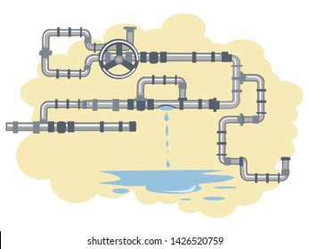 Water leakage in system of sewer and water pipes. Cartoon vector illustration flat