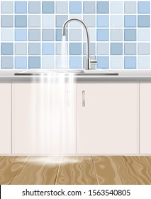 Water leaking out of kitchen sink, vector realistic illustration. Clogged waste pipe, plumbing accident concept.