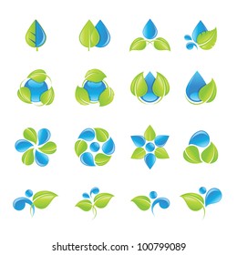 Water and leaves icon set