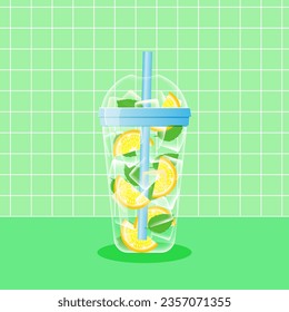 Water with lemon on green background. Vector illustration of cold water with ice cubes and mint. Summer refreshing beverage in plastic cup to go.