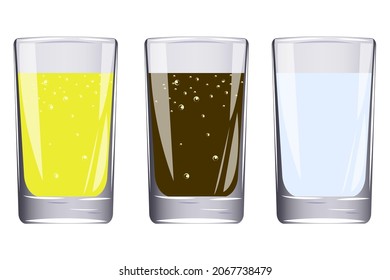 water, lemonade in long glasses. Drinks in glasses. Vector illustration. Stock image.