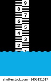 Water level gauge is measuring amount of water in river, dam, sea and ocean during flood and drought. Liquid is growing and increasing or dropping and decreasing. Vector illustration