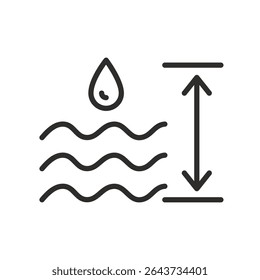 Ícone de nível de água. Ilustração de vetor linear. Profundidade da água. Medição do volume de líquido. Símbolos simples. Escala de medição e uma gota de líquido.