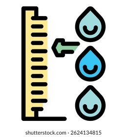 Water level indicator with arrow pointing down and water drops, representing low water consumption