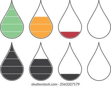 Water Level Indicators, Different Stages. set of eight water drop icons, each representing a different level of water, from full to empty isolated on white background