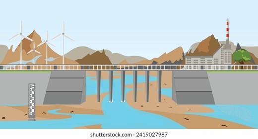 El medidor del nivel del agua de la presa demuestra la escasez de agua que existe debido a la falta de lluvia, hay sequía y falta de agua.ilustración de vector.