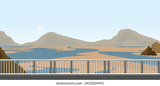 El medidor del nivel del agua del río muestra la escasez de agua que existe debido a la falta de lluvia, hay sequía y falta de agua.Ilustración vectorial.