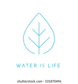 Water is life concept linear blue water drop leaf icon. Vector illustration.