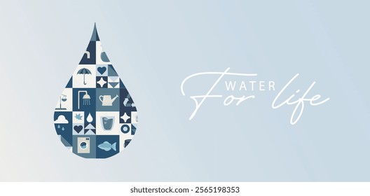 Water For Life Eco Icons Drop Design Logo. minimalist water drop design filled with environmental and lifestyle icons in blue tones, featuring "Water For Life" typography. Water banner illustration