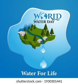water for life - ecology concept background with springs from the mountains and water drop. World Water Day - vector banner template