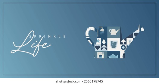 Water Life Icons Set with Blue Background. Modern minimalist design featuring water-related icons arranged in an watering shape against a blue gradient background with "Sprinkle Life" typography. 