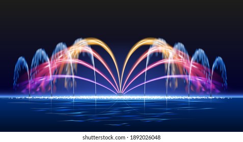 Water lights fountain. Night colorful water jets, colourful lighting fountains show for city recreational garden