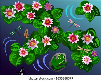 Water lilies blooming in a spring water pond with a frog and dragonflies vector drawing background pattern