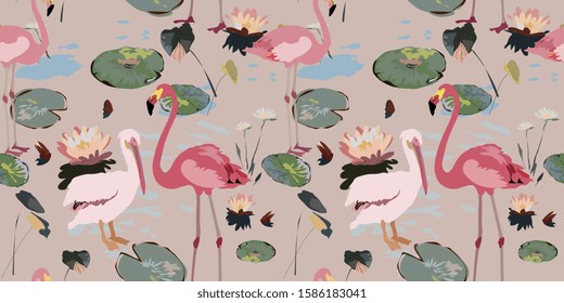 Water lilies, flamingo, pelican on a beige background. Leaves in the pond, flowers, seamless pattern, pink delicate colors, vintage vector illustration. Swamp, marsh, bog. Tropic exotic birds EPS 10