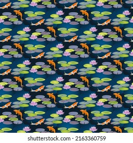 Water lilies and flowers float on the pond while koi swim gracefully.