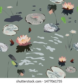 water lilies on a gray background, leaves in the pond, flowers, seamless pattern, delicate colors, vintage vector illustration EPS10