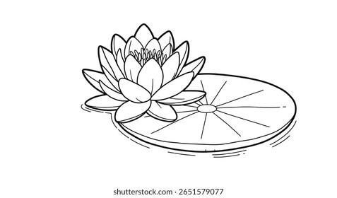 Water lily blossom coloring page outline showing the flower floating peacefully on a round lily pad surface
