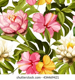 Water lily, chinese roses with leaves on white. Seamless background pattern. Hand drawn elements. Vector - stock.