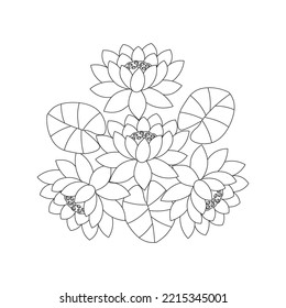 water lily coloring page of simplicity artistic drawn with blossom flower on isolated background.
hand drawing indian lotus flower with decorative line art design for print.
