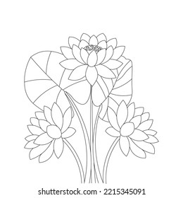 water lily coloring page of simplicity artistic drawn with blossom flower on isolated background.
hand drawing indian lotus flower with decorative line art design for print.
