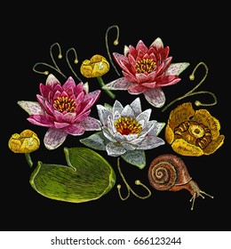 Water lily embroidery. Classical embroidery lotus and water lilies, template fashionable clothes, t-shirt design, print 