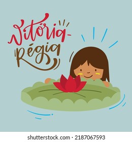 Vitória-Régia. water lily. Fantastic  Creature of Brazilian Folklore. Brazilian Portuguese Hand Lettering Calligraphy. Vector. Brazilian legends and tales.