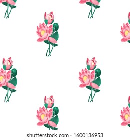 Water lily. Floral seamless pattern isolated on white background. Wrapping paper, wallpaper, fabric, textile, print design. Flowers. Stock illustration.