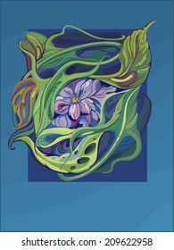 Water lily flower in art nouveau style with marine blue background with space for text